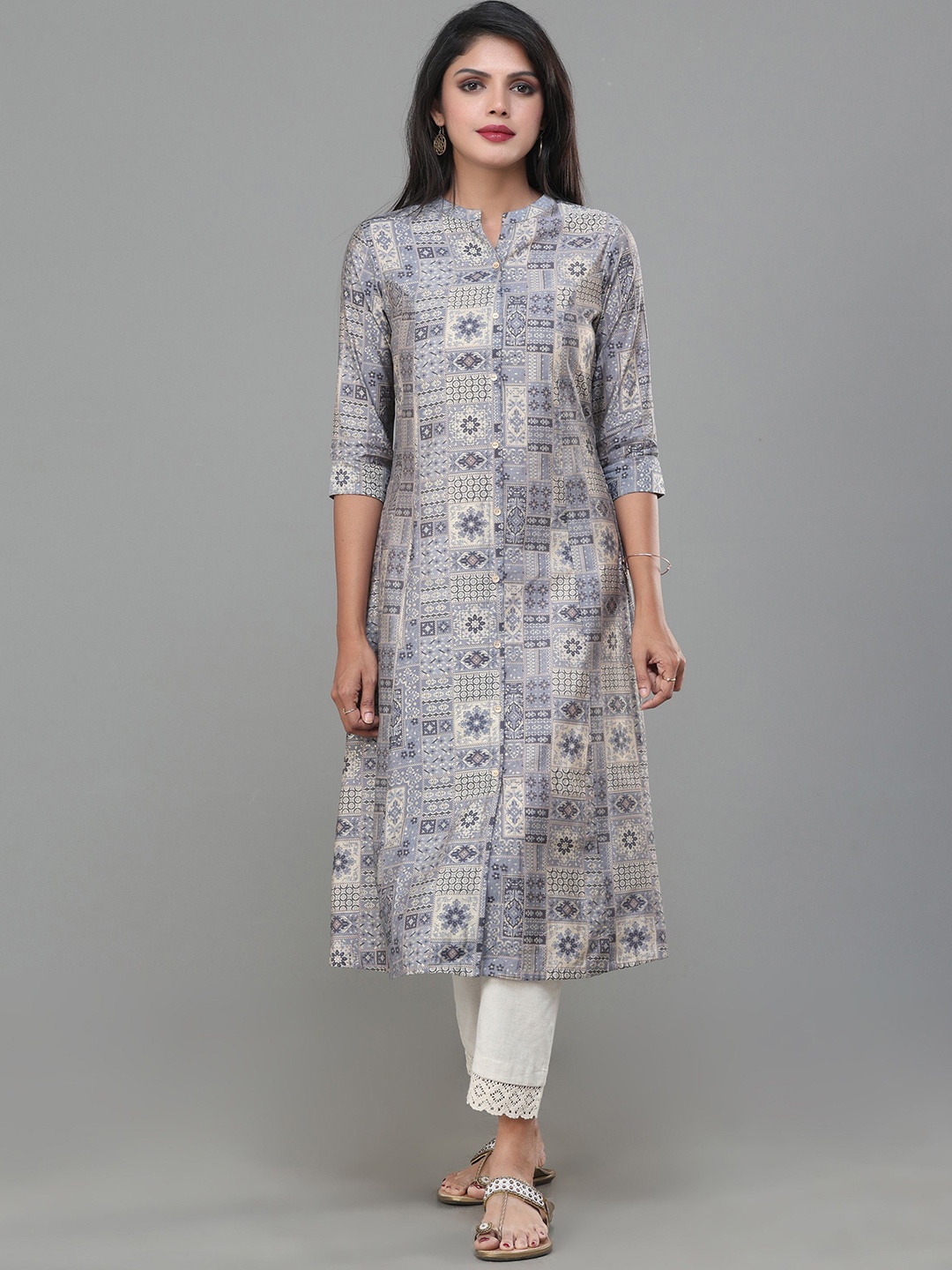 

Vismay Women Printed A-Line Mandarin Collar Flared Kurta, Grey