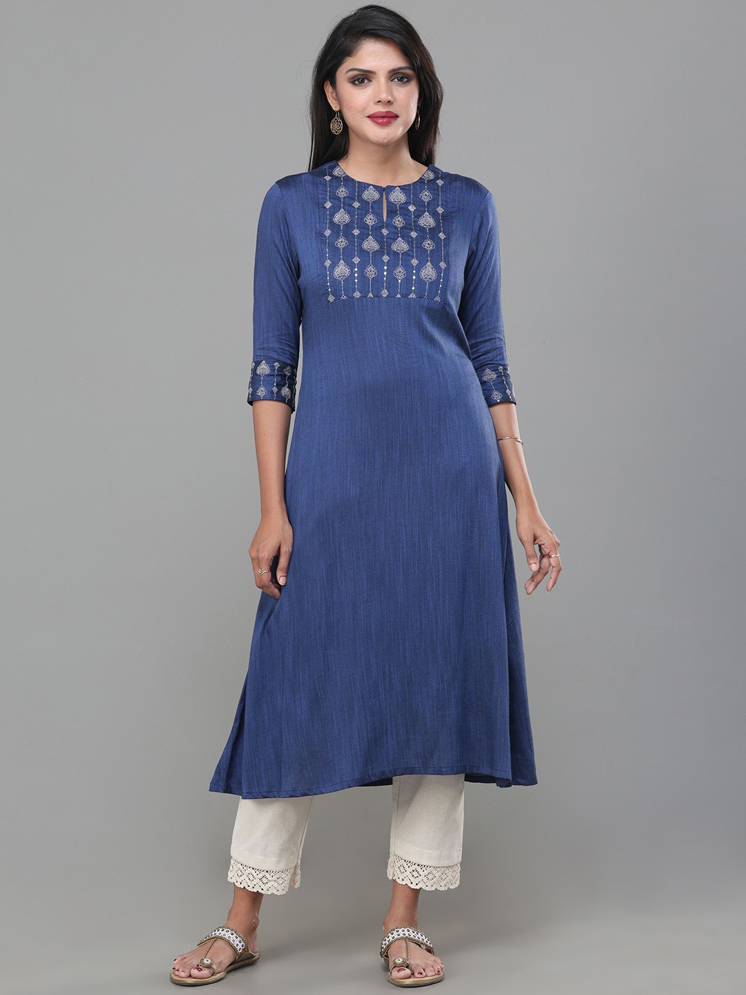 

Vismay Women Yoke Embroidered Keyhole Neck A-Line Kurta, Blue