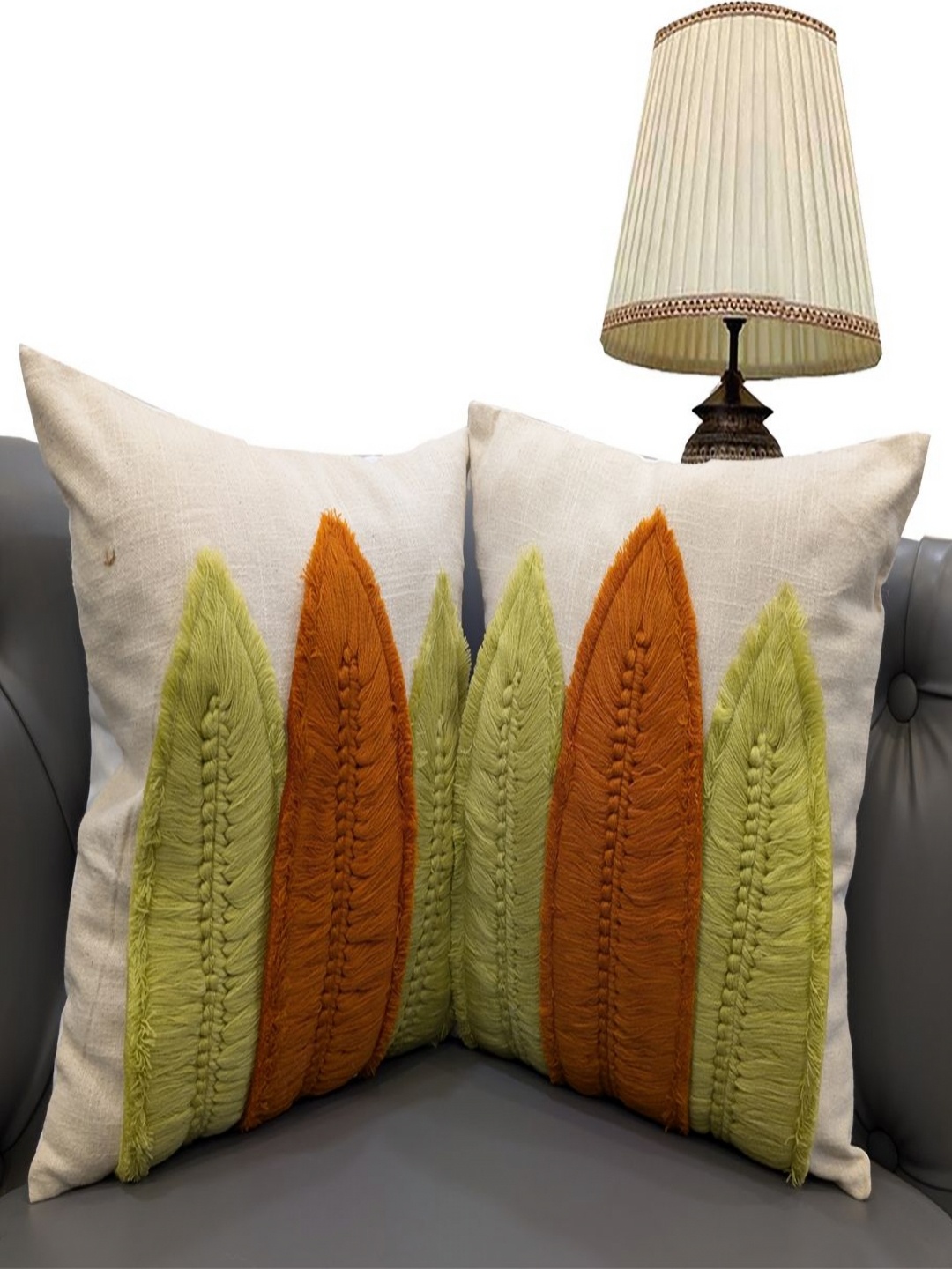 

Good Vibes Cream-Coloured & Orange Set of 2 Embroidered Square Cushion Covers