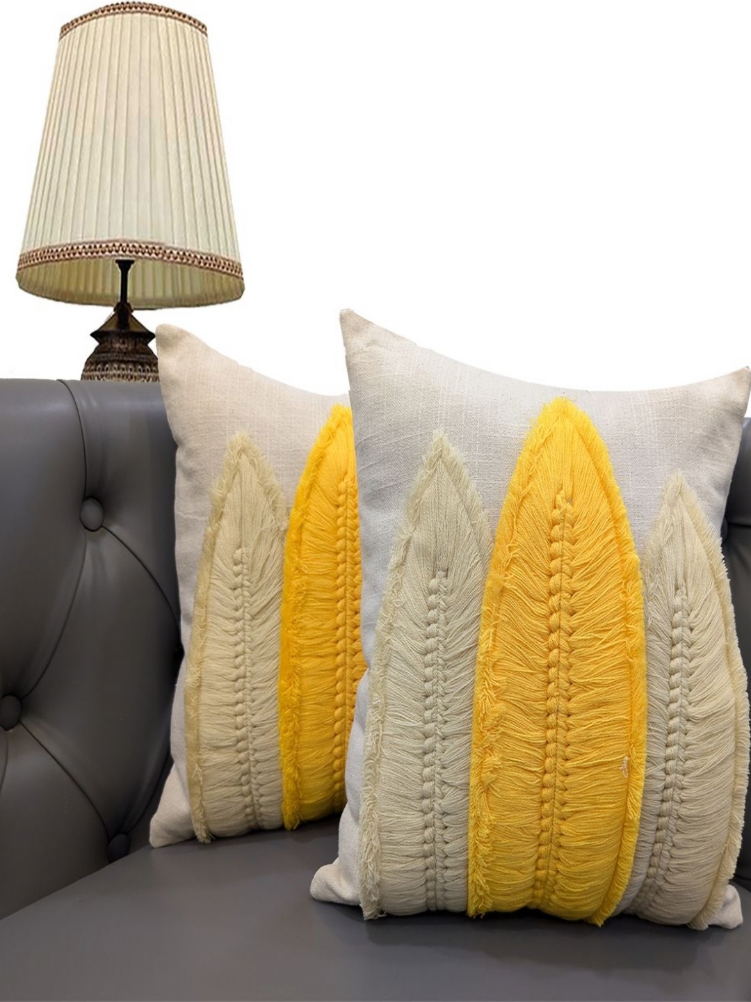 

Good Vibes Cream-Coloured & Yellow Set of 2 Embroidered Square Cushion Covers