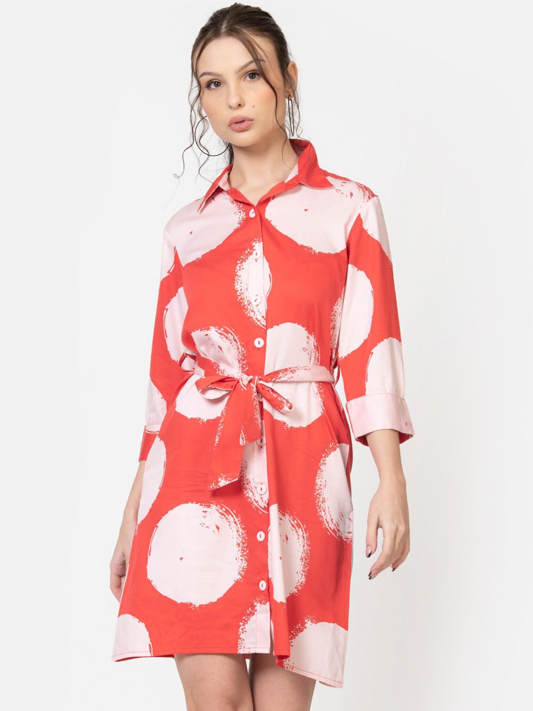 

June 9 Clothing Women Polka Dot Print Shirt Midi Dress, Red