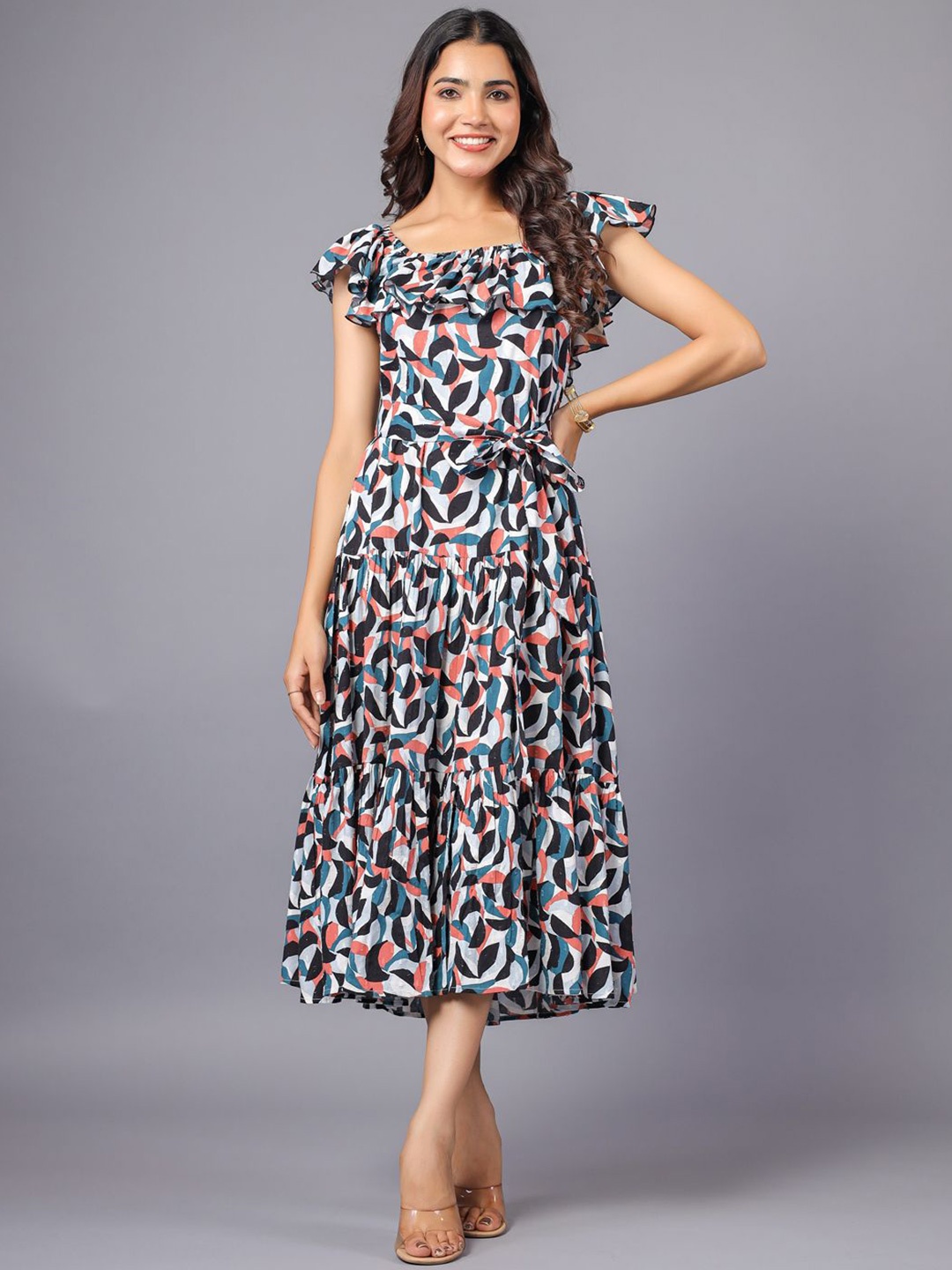 

June 9 Clothing Women Printed Ruffle Tiered Fit & Flare Midi Dress, Blue