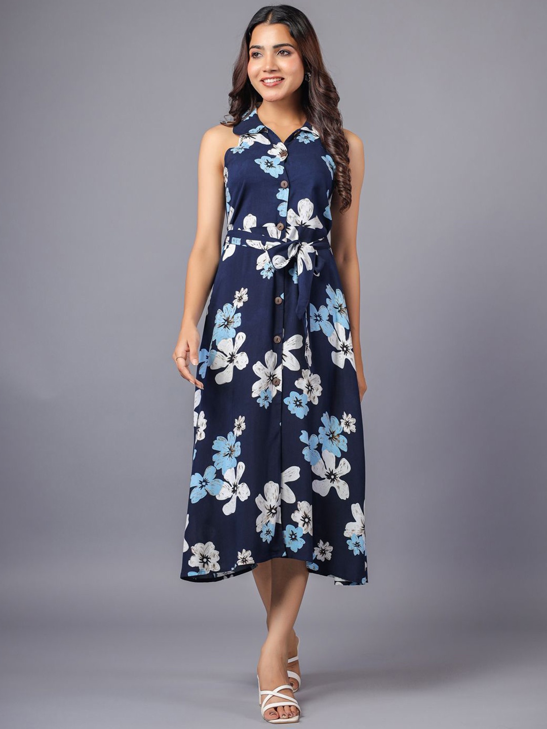 

June 9 Clothing Floral Printed Shirt Midi Dress, Blue