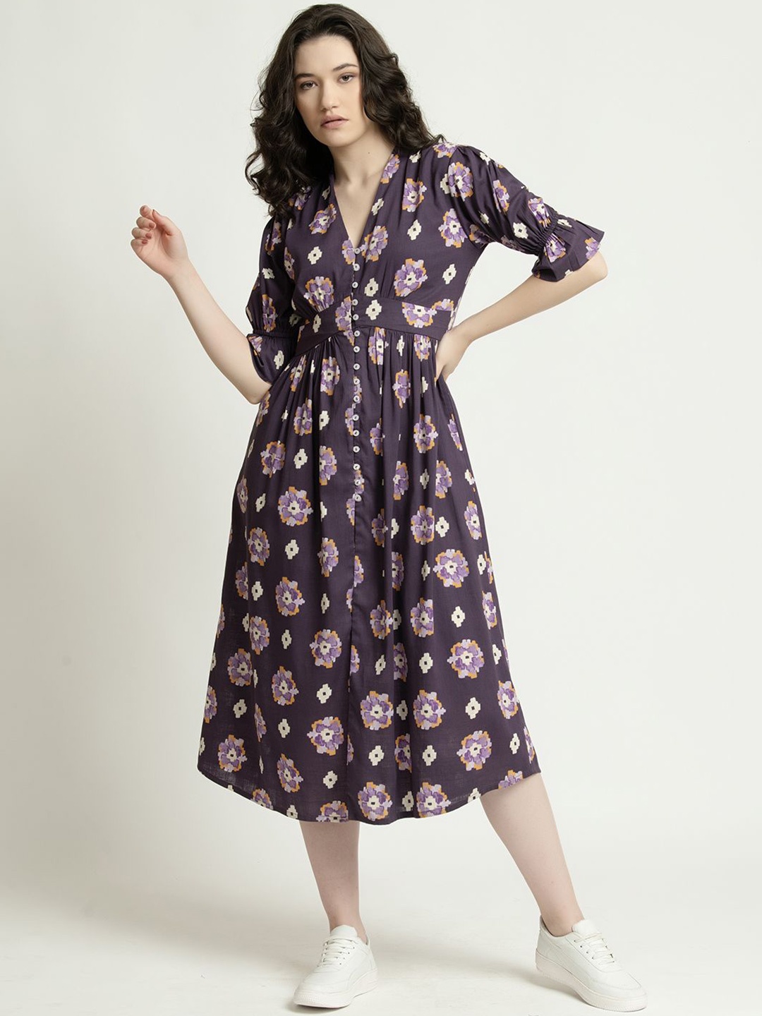 

June 9 Clothing Women Floral Printed Shirt Midi Dress, Purple