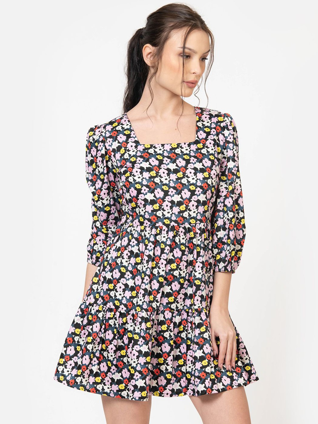 

June 9 Clothing Floral Print Cotton Fit & Flare Dress, Black