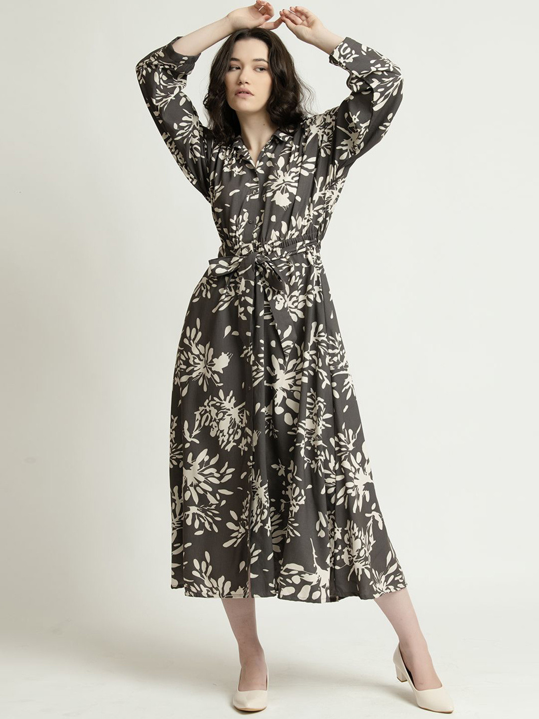 

June 9 Clothing Women Floral Printed Shirt Midi Dress, Grey