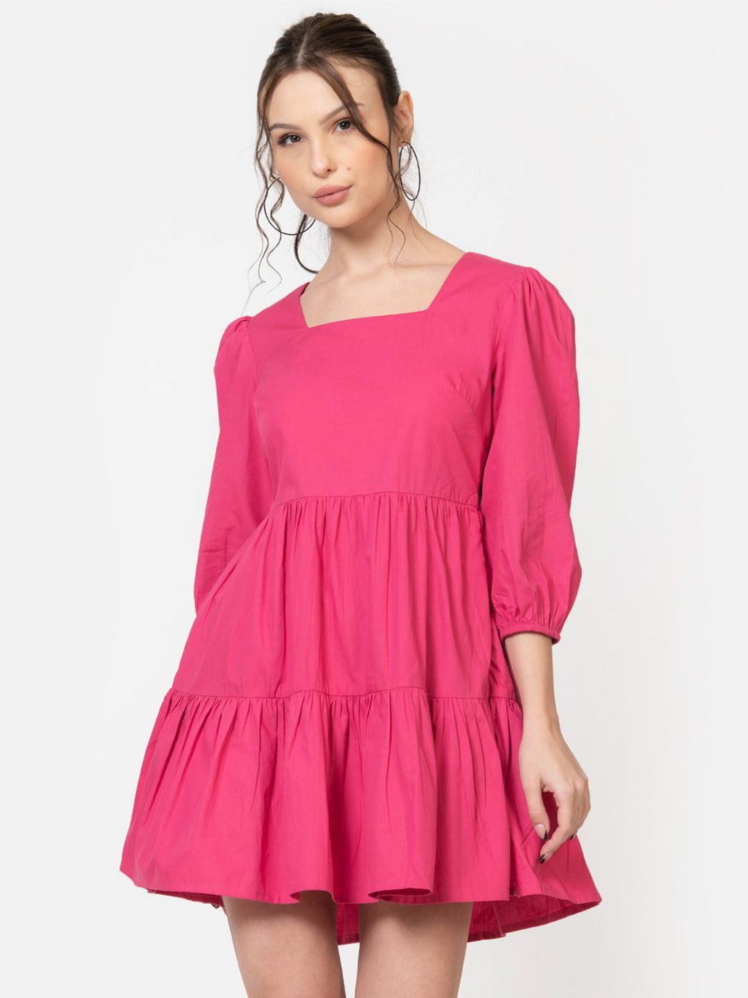 

June 9 Clothing Women Square Neck Cotton Tiered Fit & Flare Dress, Pink