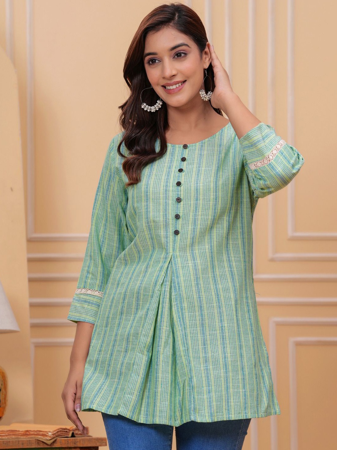 

Sarai Women Striped Longline Cotton Top, Green