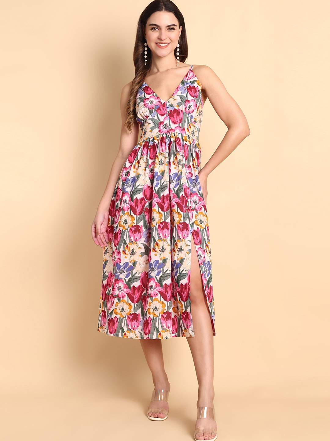 

ELYRAA Floral Printed Fit & Flare Midi Dress, Pink