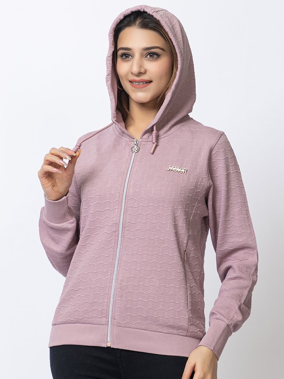 

Navsha Women Self Design Front-Open Hooded Sweatshirt, Lavender