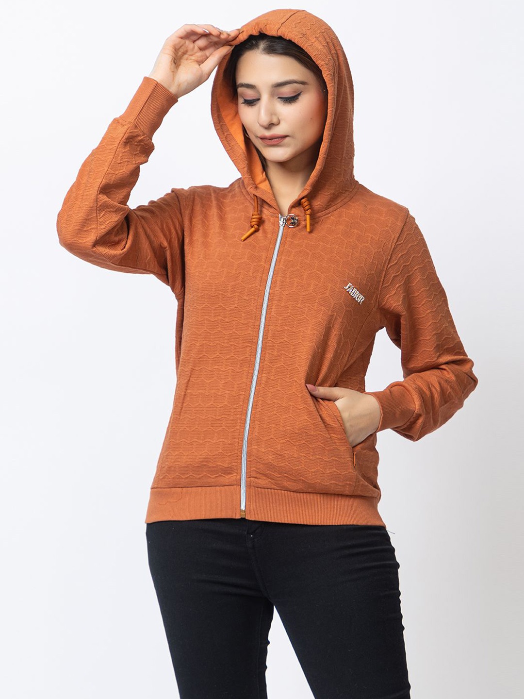 

Navsha Women Self Design Hooded Sweatshirt, Rust