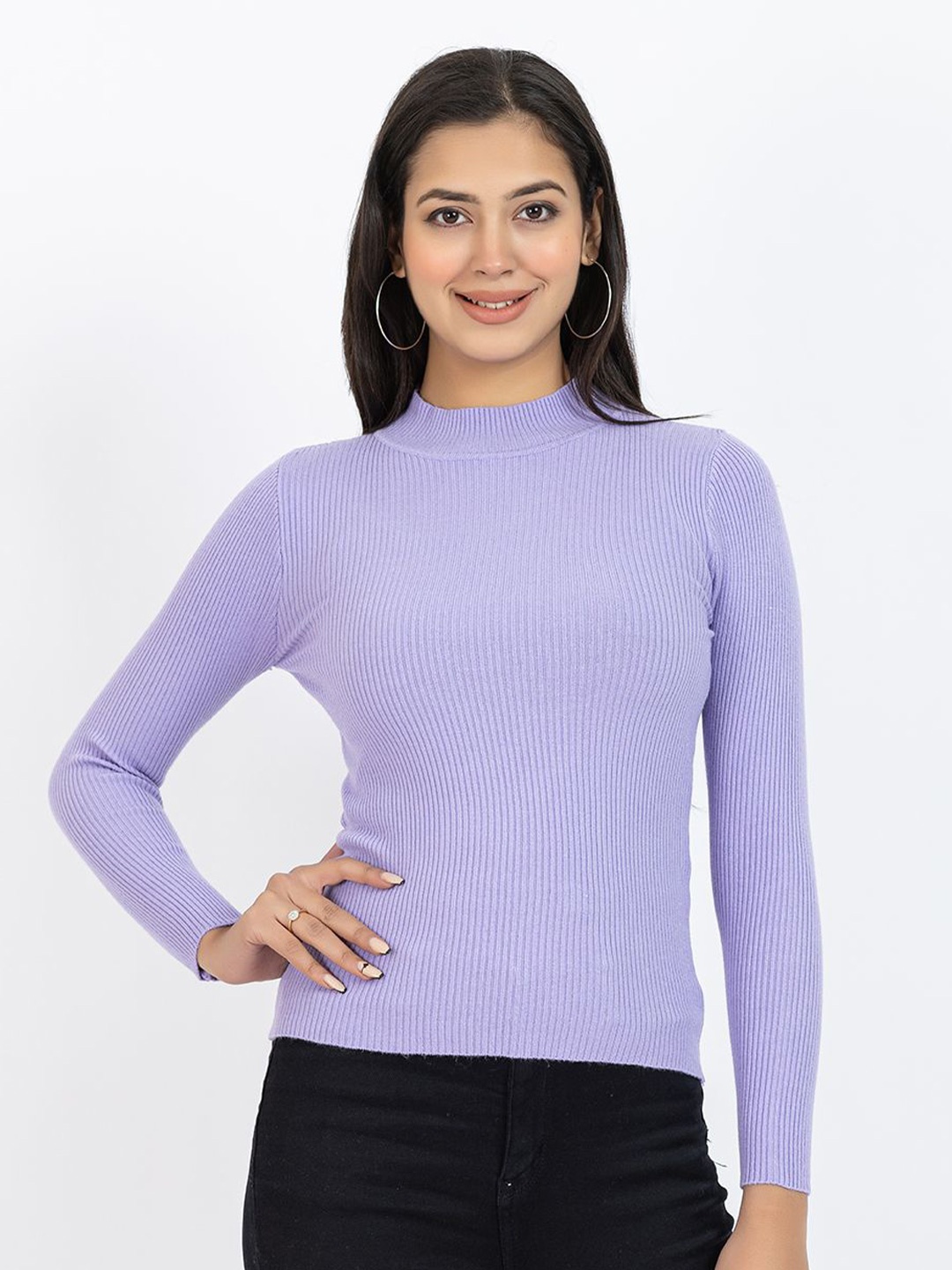 

GFO Women Woollen Solid High Neck Top, Purple