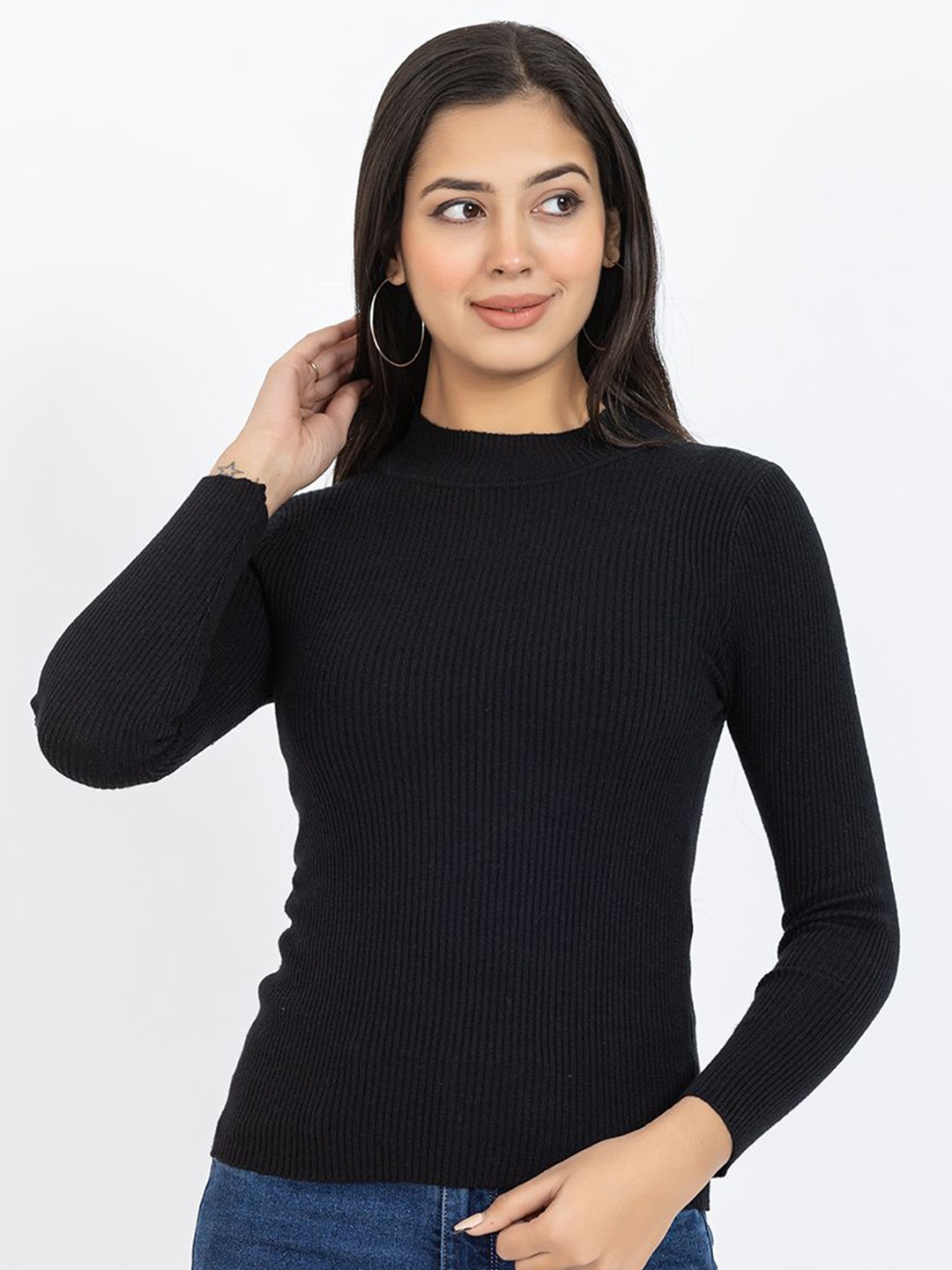 

GFO Women High Neck Woollen Top, Black