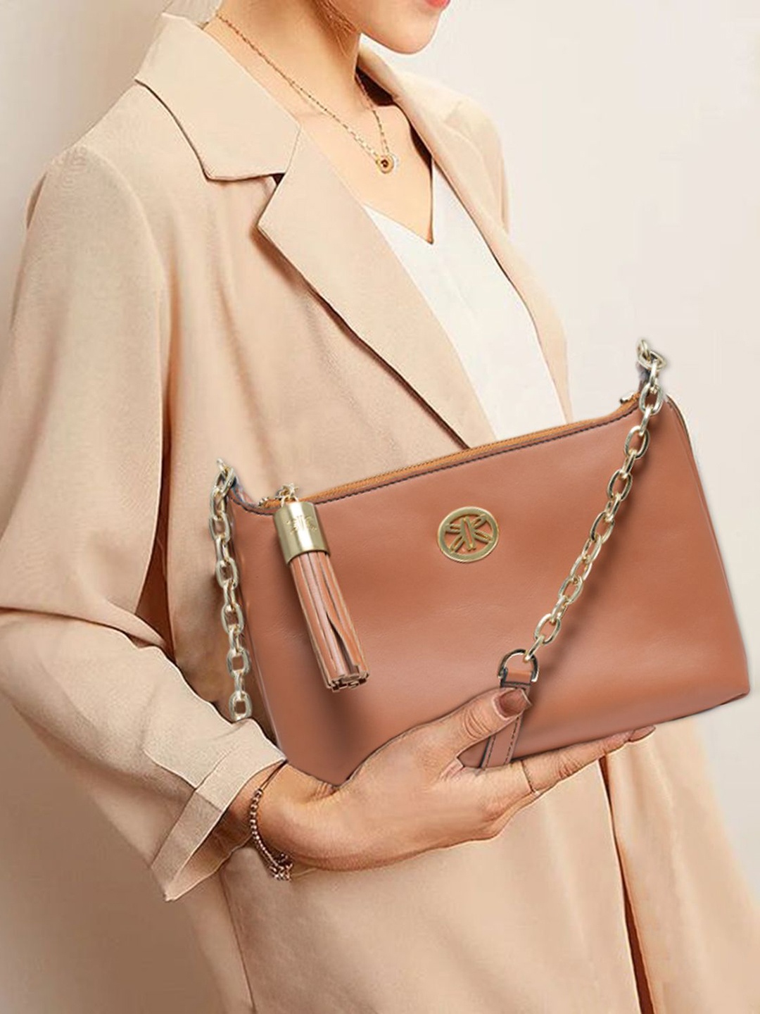 RI2K LONDON Women Solid Structured Leather Handheld Bag, Brown