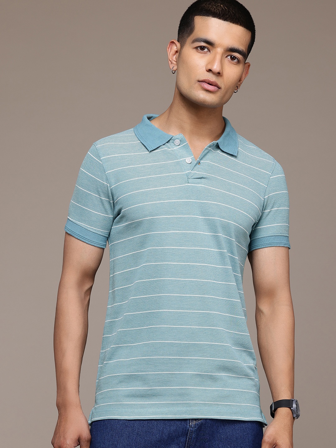 

The Roadster Lifestyle Co. Men Striped Polo Collar T-shirt, Blue