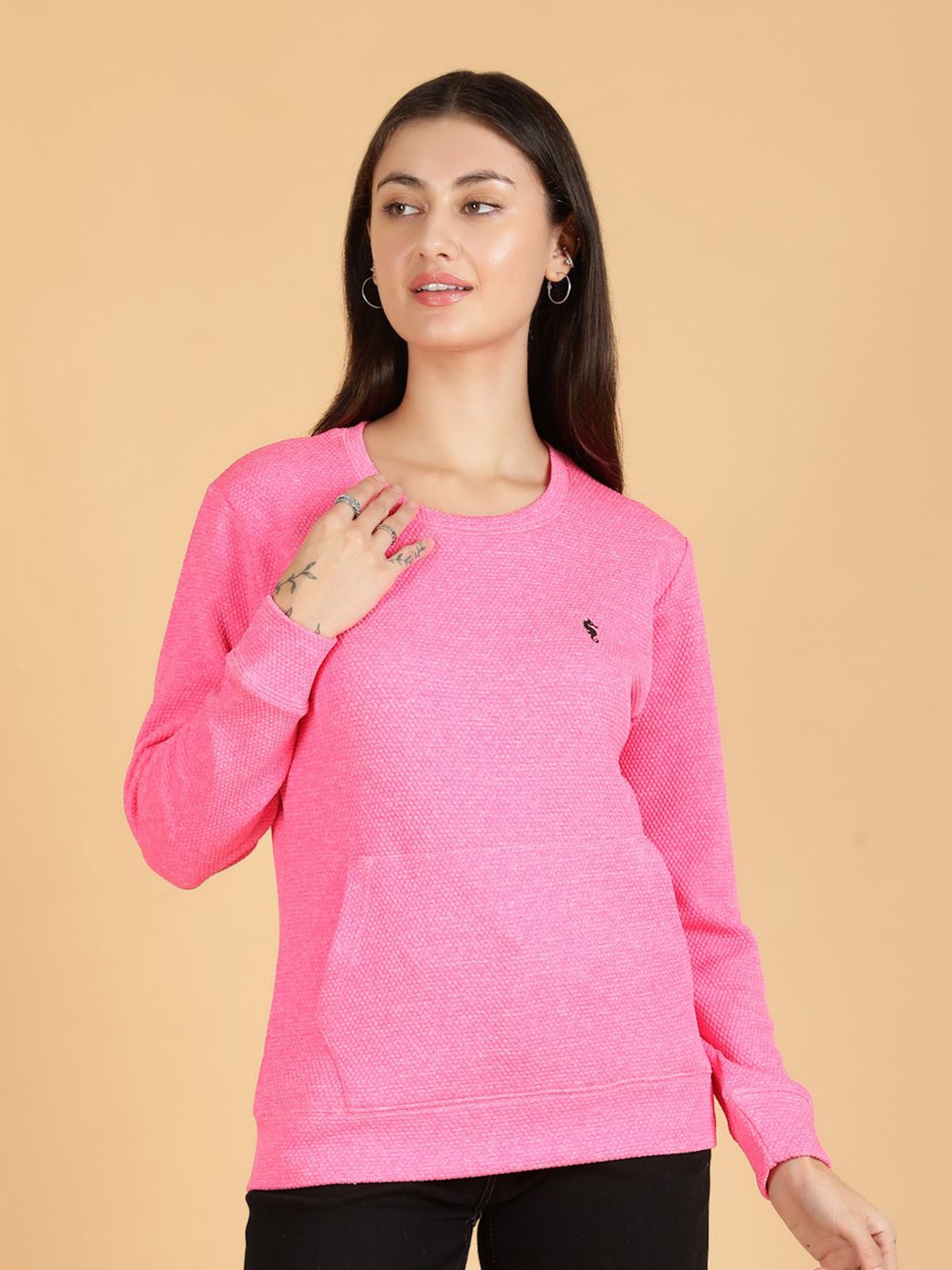 

Women Textured Round Neck Pullover Sweatshirt, Pink