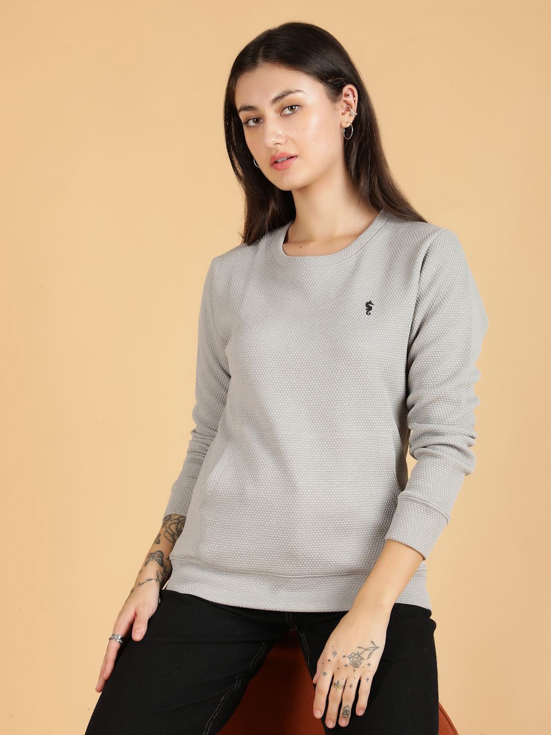 

Women Textured Round Neck Pullover Sweatshirt, Grey