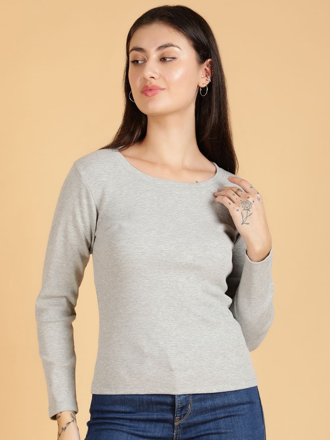 

Women Round Neck Pullover Sweatshirt, Grey