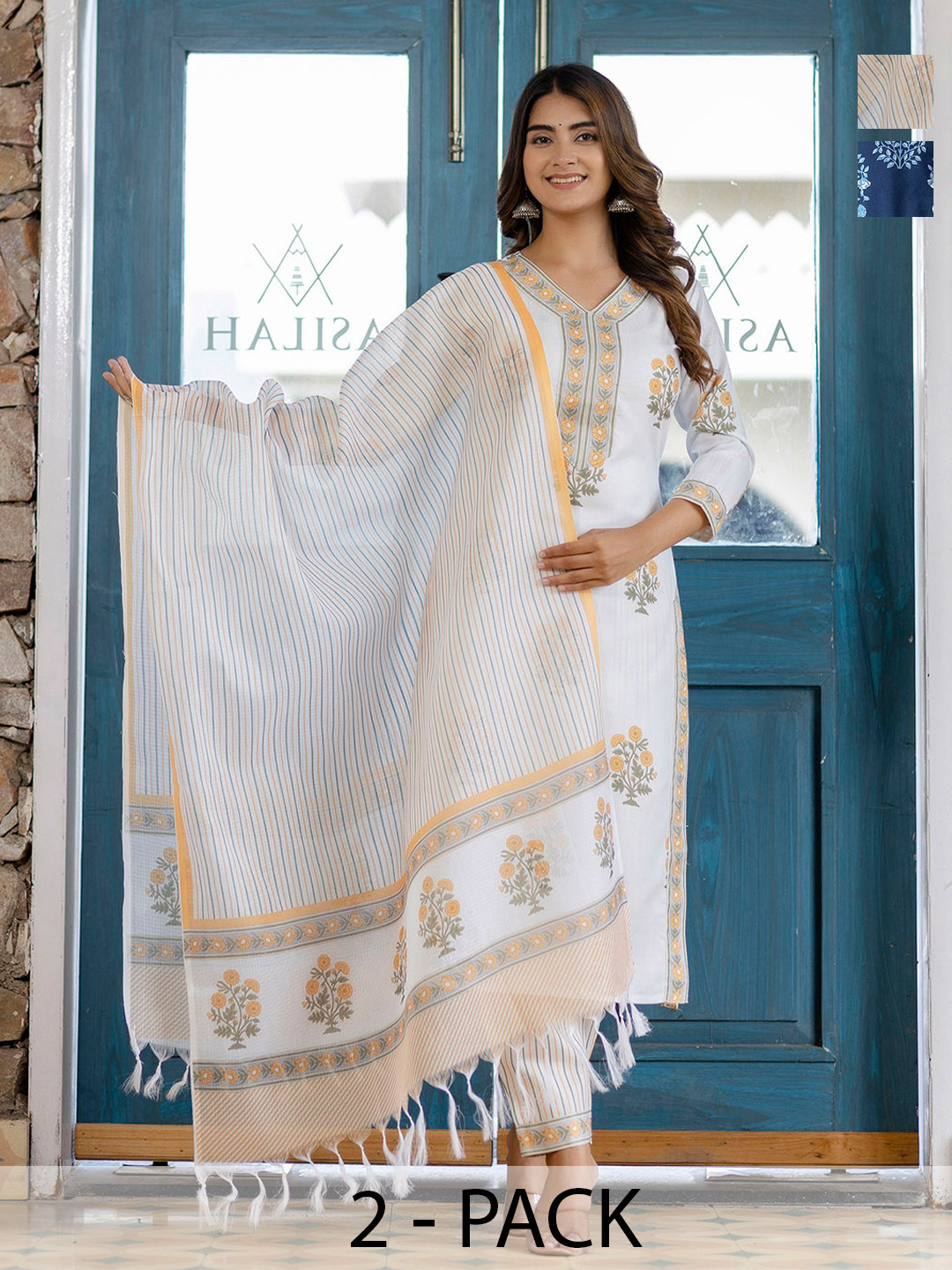 

KALINI Women Ethnic Motifs Printed Regular Kurta with Trousers & With Dupatta, Blue