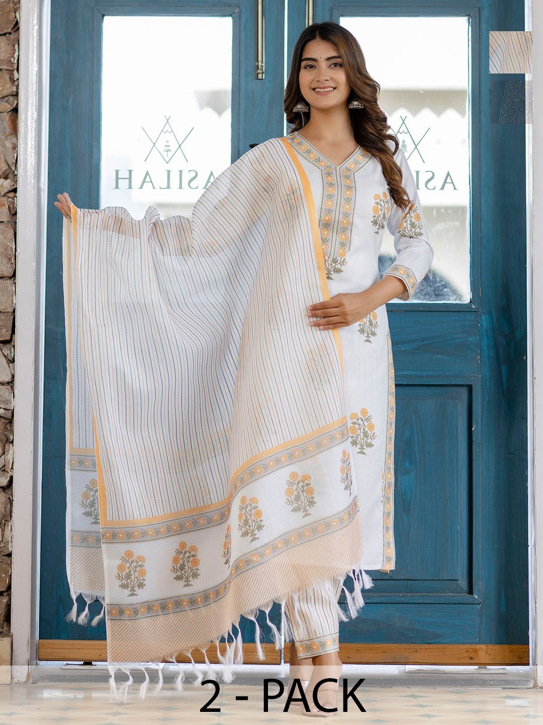 

KALINI Women Ethnic Motifs Printed Regular Kurta with Trousers & With Dupatta, White