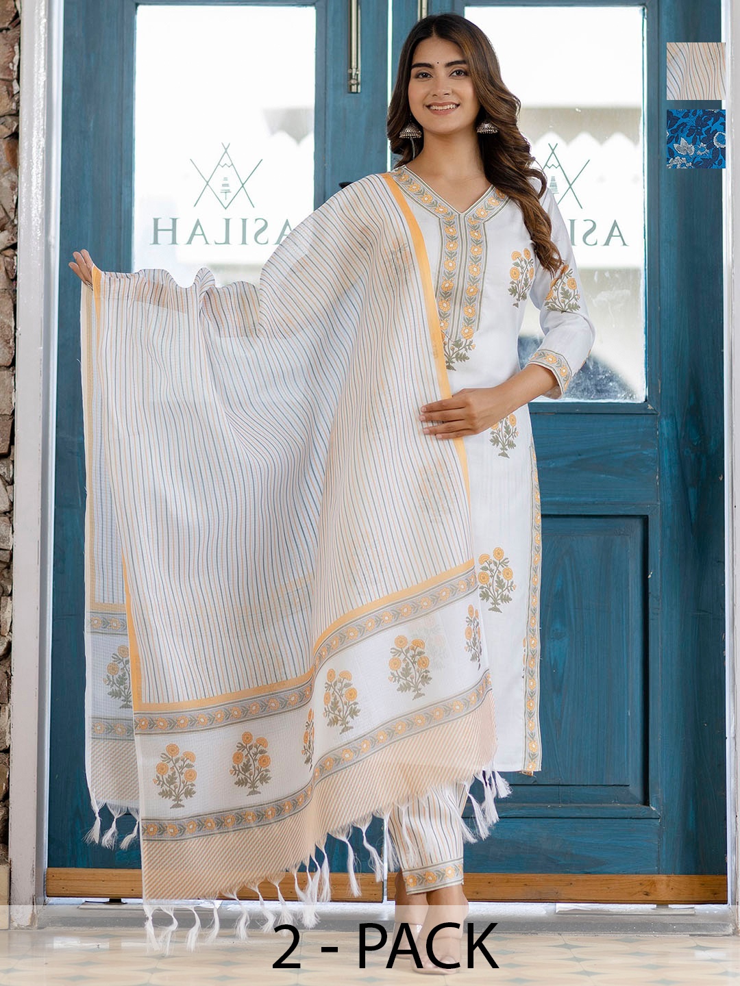 

KALINI Women Ethnic Motifs Printed Regular Kurta with Trousers & With Dupatta, Blue