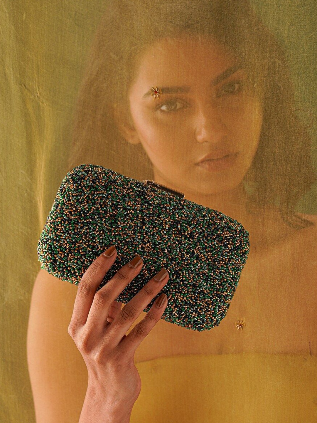 

JAYPORE Embellished Box Clutch, Green