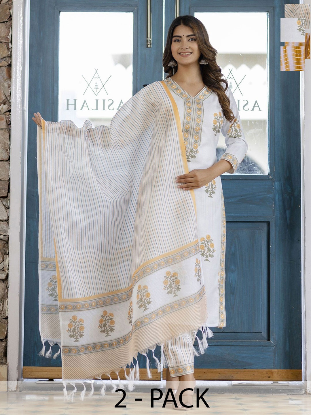 

KALINI Women Dyed Regular Kurta with Trousers & With Dupatta, White
