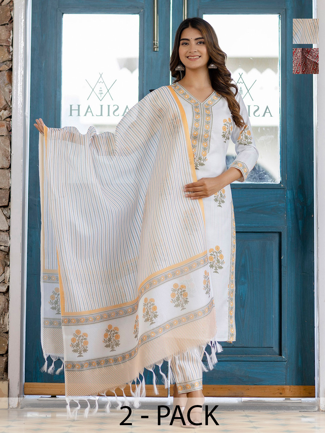 

KALINI Women Ethnic Motifs Printed Regular Kurta with Trousers & With Dupatta, White