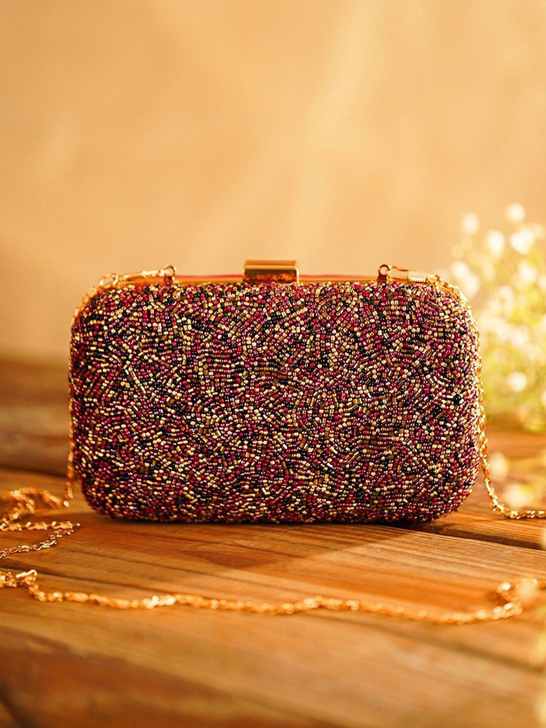 

JAYPORE Embellished Box Clutch, Maroon