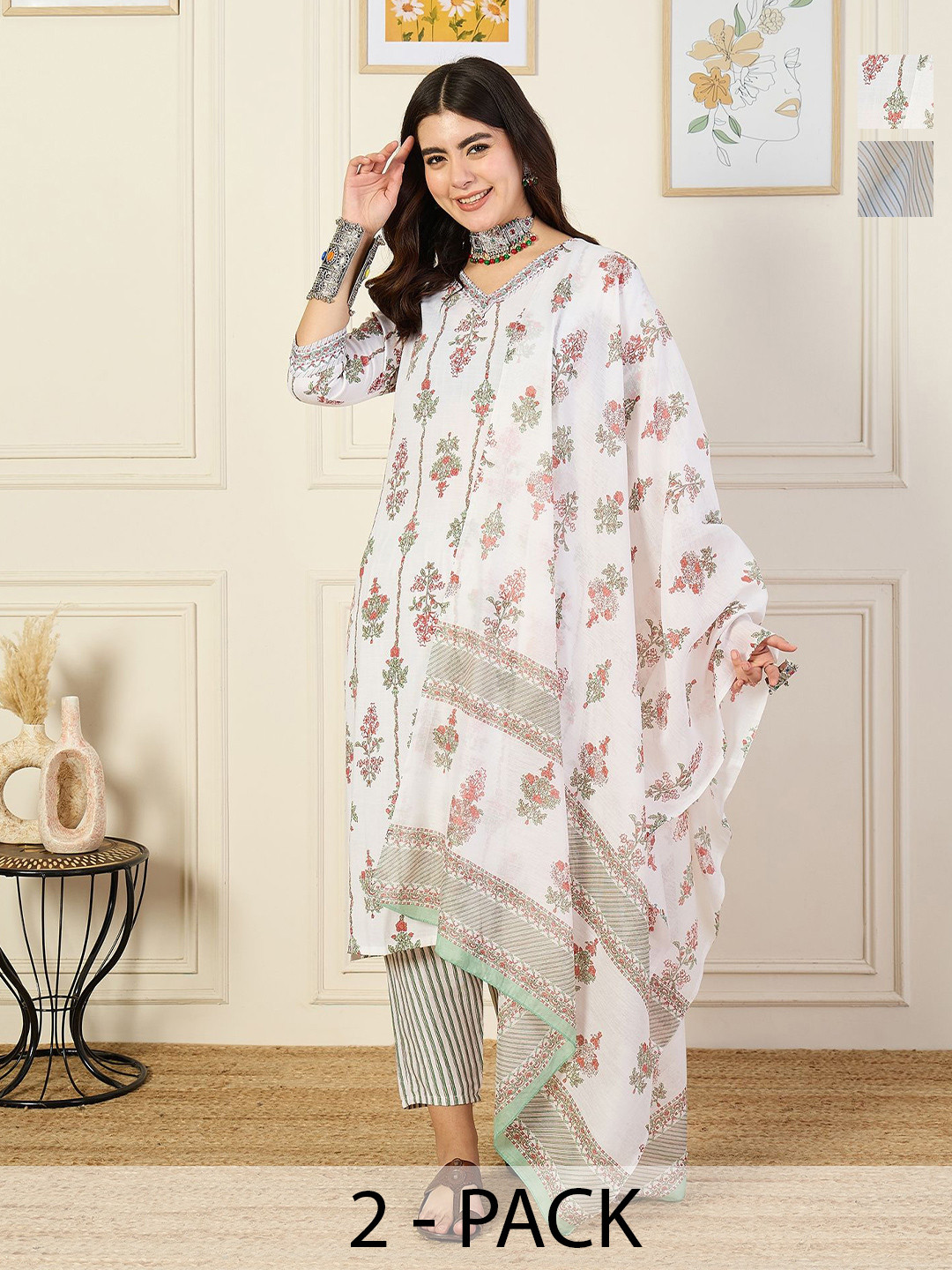 

KALINI Women Ethnic Motifs Printed Regular Kurta with Trousers & With Dupatta, White