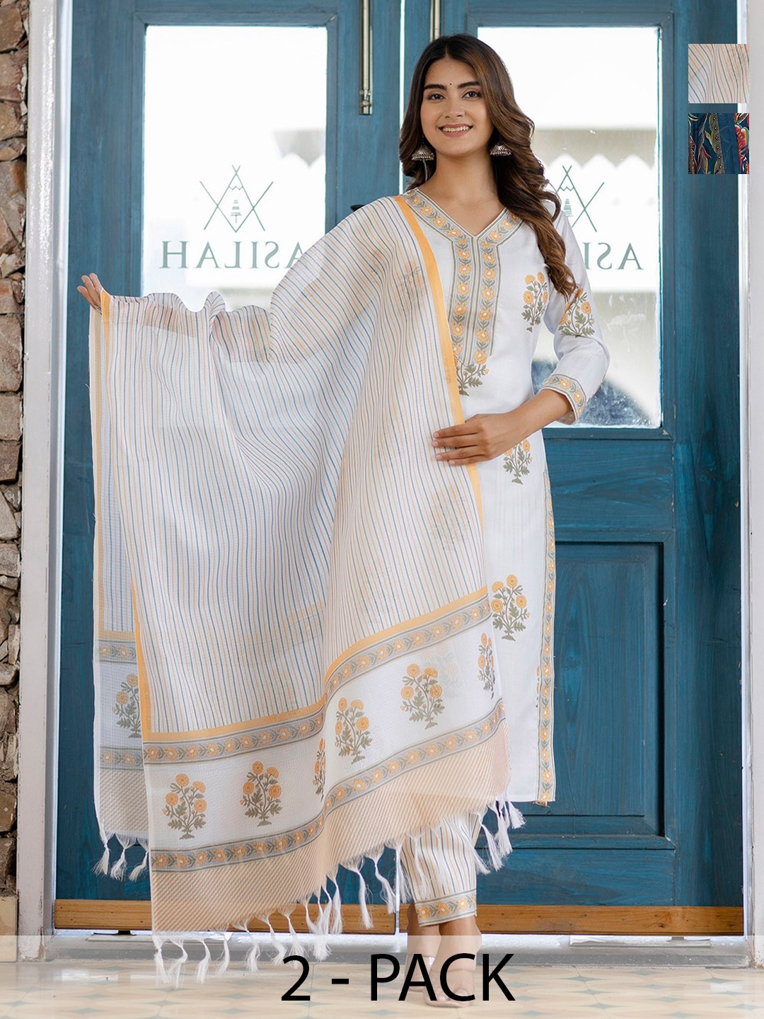 

KALINI Women Ethnic Motifs Printed Regular Kurta with Trousers & With Dupatta, White