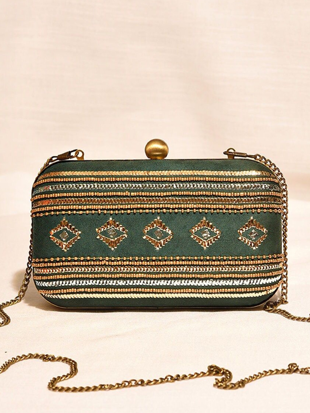 

JAYPORE Embellished Box Clutch, Green