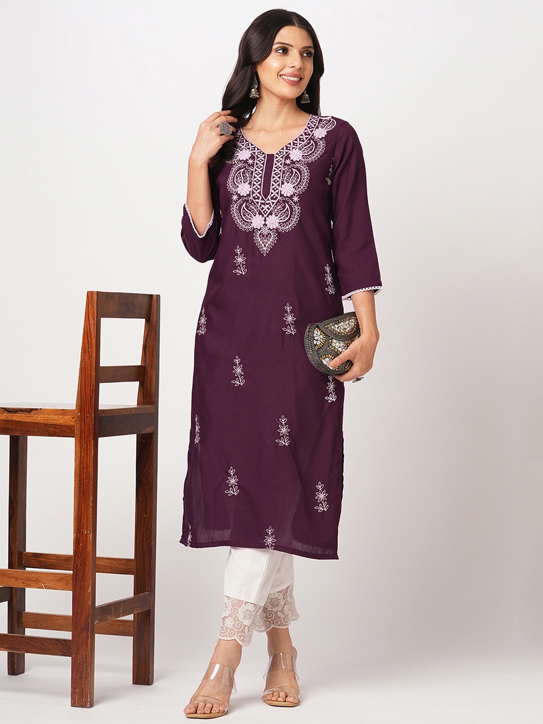 

KALINI Women Ethnic Motifs Embroidered Chikankari Kurta, Purple