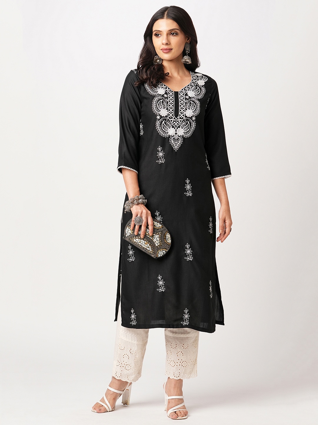 

KALINI Women Embroidered Chikankari Kurta, Black