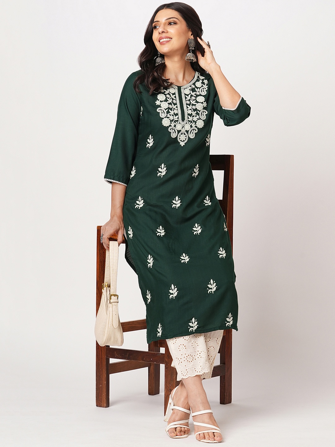 

KALINI Women Embroidered Chikankari Kurta, Green