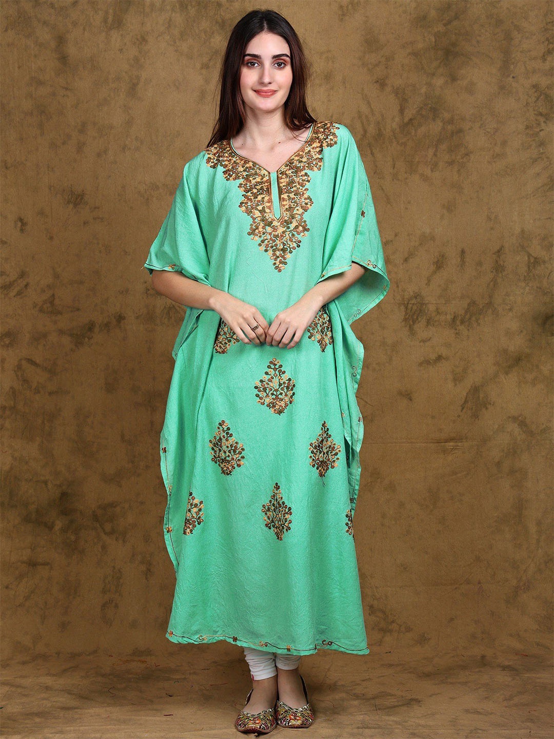 

Exotic India Opal Green Cotton Kashmiri Long Kaftan with Aari Embroidered Motifs