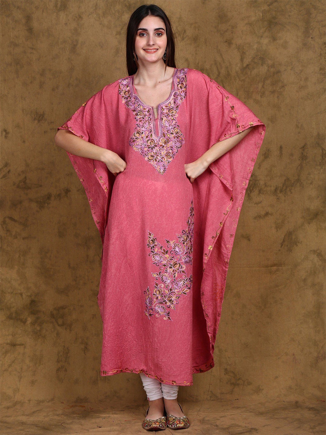 

Exotic India Azalea-Pink Long Cotton Kaftan with Aari-Embroidered Flowers from Kashmir