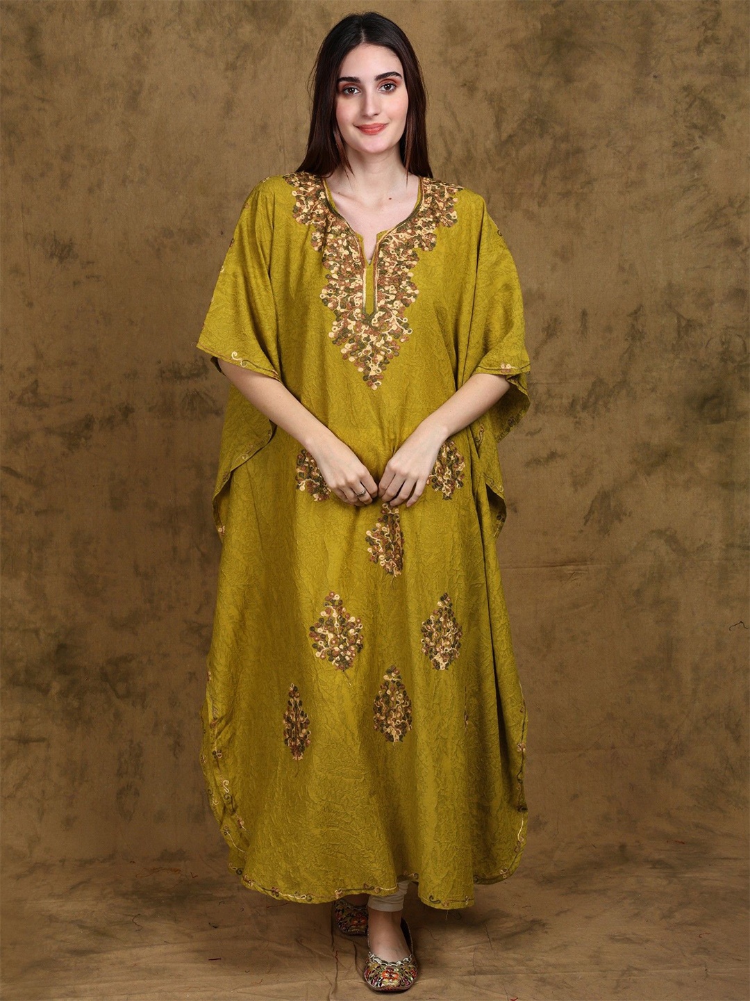 

Exotic India Amber-Green Aari Embroidered Motifs Long Kaftan from Kashmir