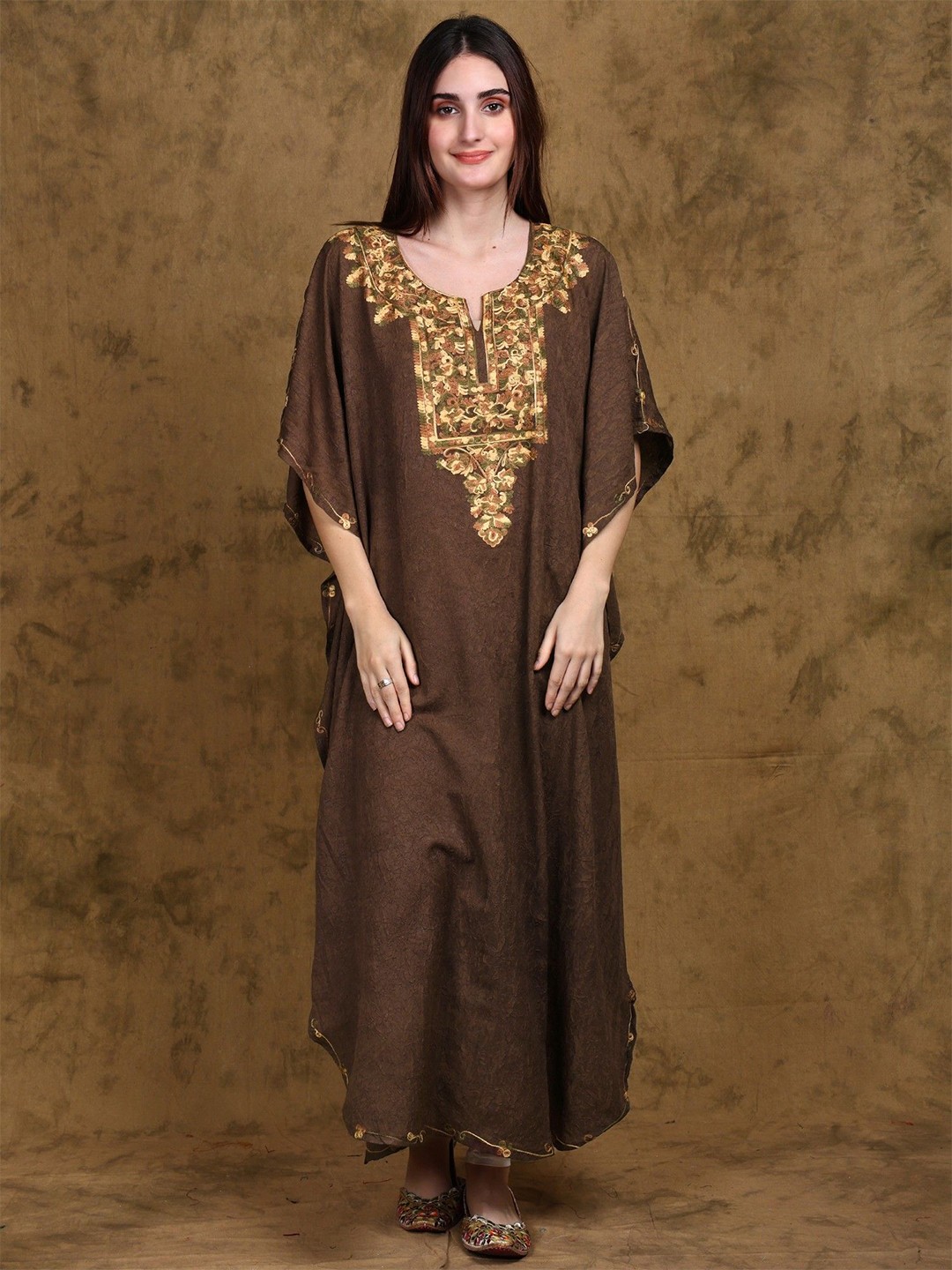 

Exotic India Women Cotton Floral Embroidered Kaftan Maxi Dress, Brown
