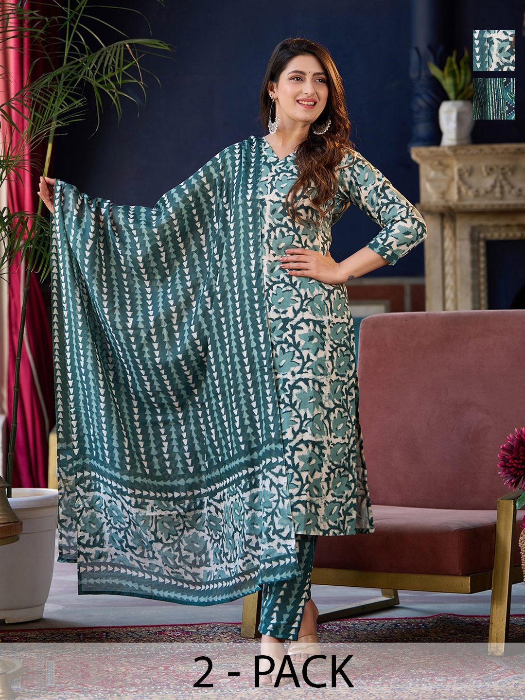 

KALINI Women Ethnic Motifs Printed Regular Kurta with Trousers & With Dupatta, Blue