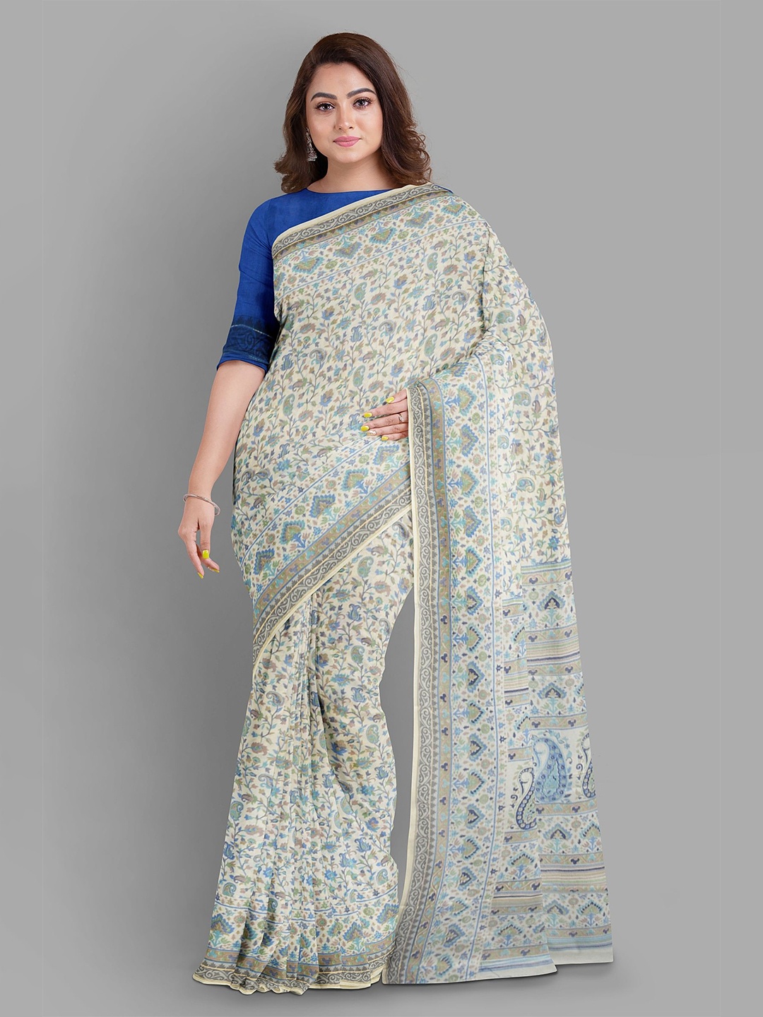 

The Chennai Silks Floral Printed Bhagalpuri Saree, Cream