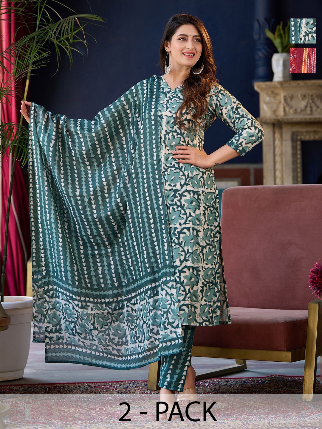 

KALINI Women Ethnic Motifs Printed Regular Kurta with Trousers & With Dupatta, Blue