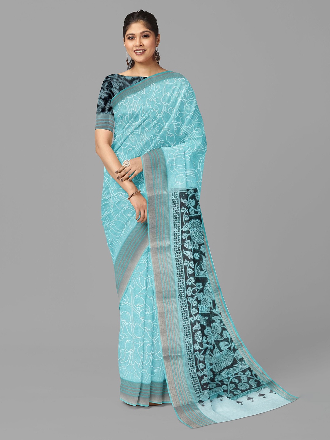 

The Chennai Silks Women Floral Printed Zari Saree, Blue
