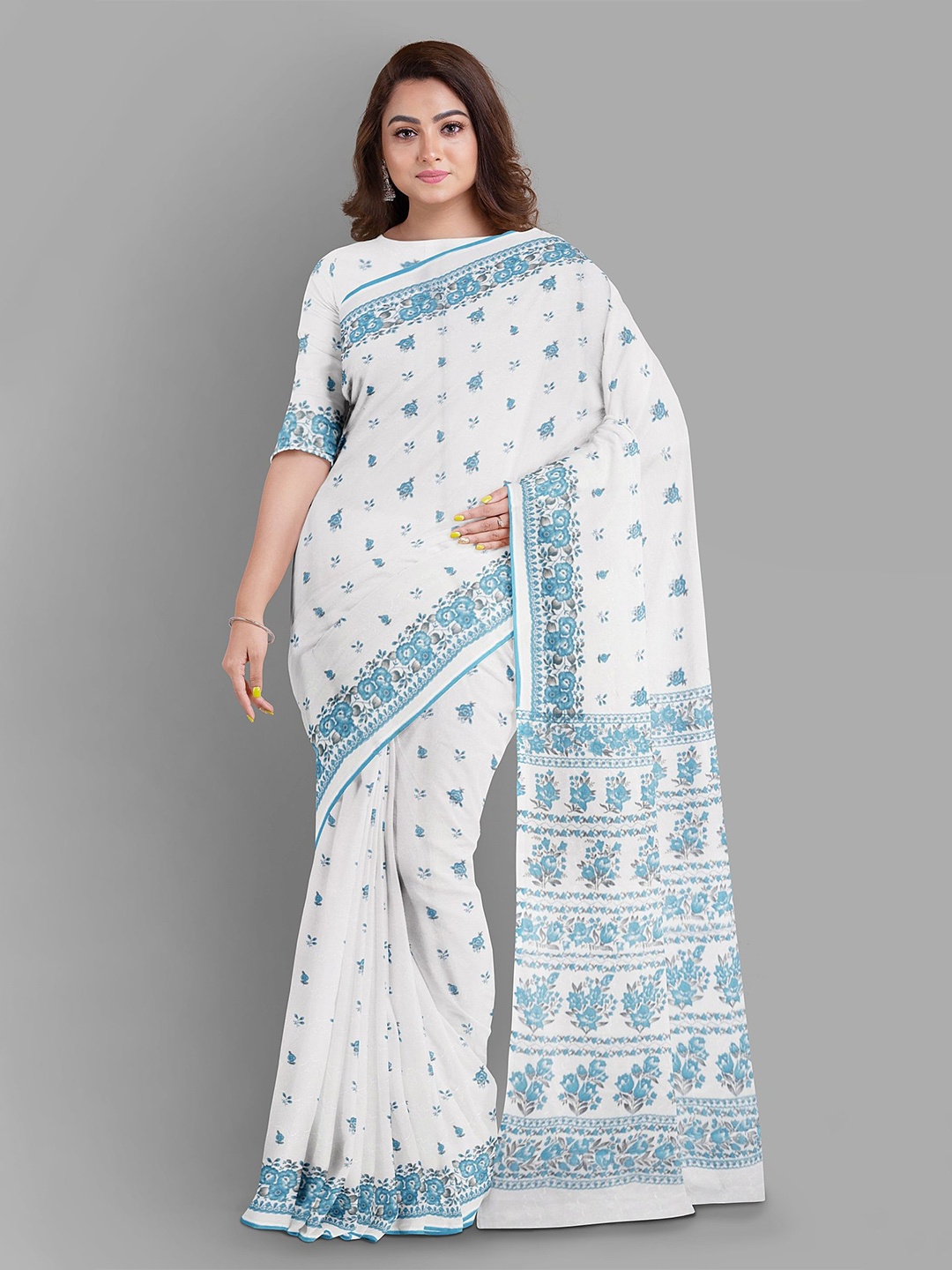 

The Chennai Silks Floral Printed Bhagalpuri Saree, White