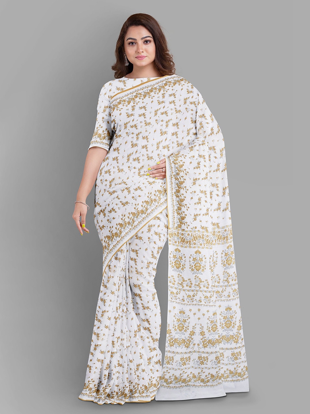 

The Chennai Silks Floral Printed Bhagalpuri Saree, Off white