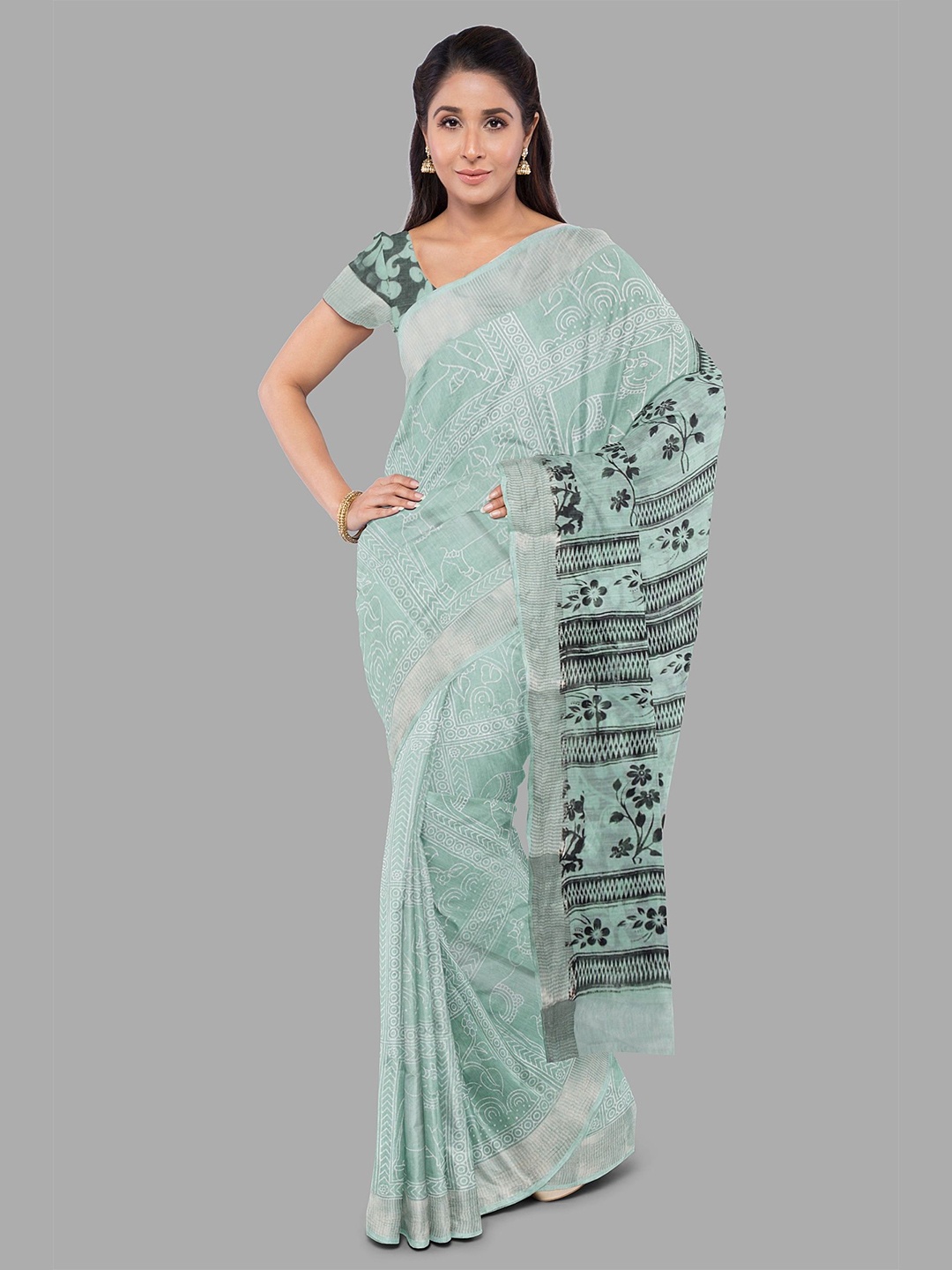 

The Chennai Silks Floral Printed Zari Saree, Green