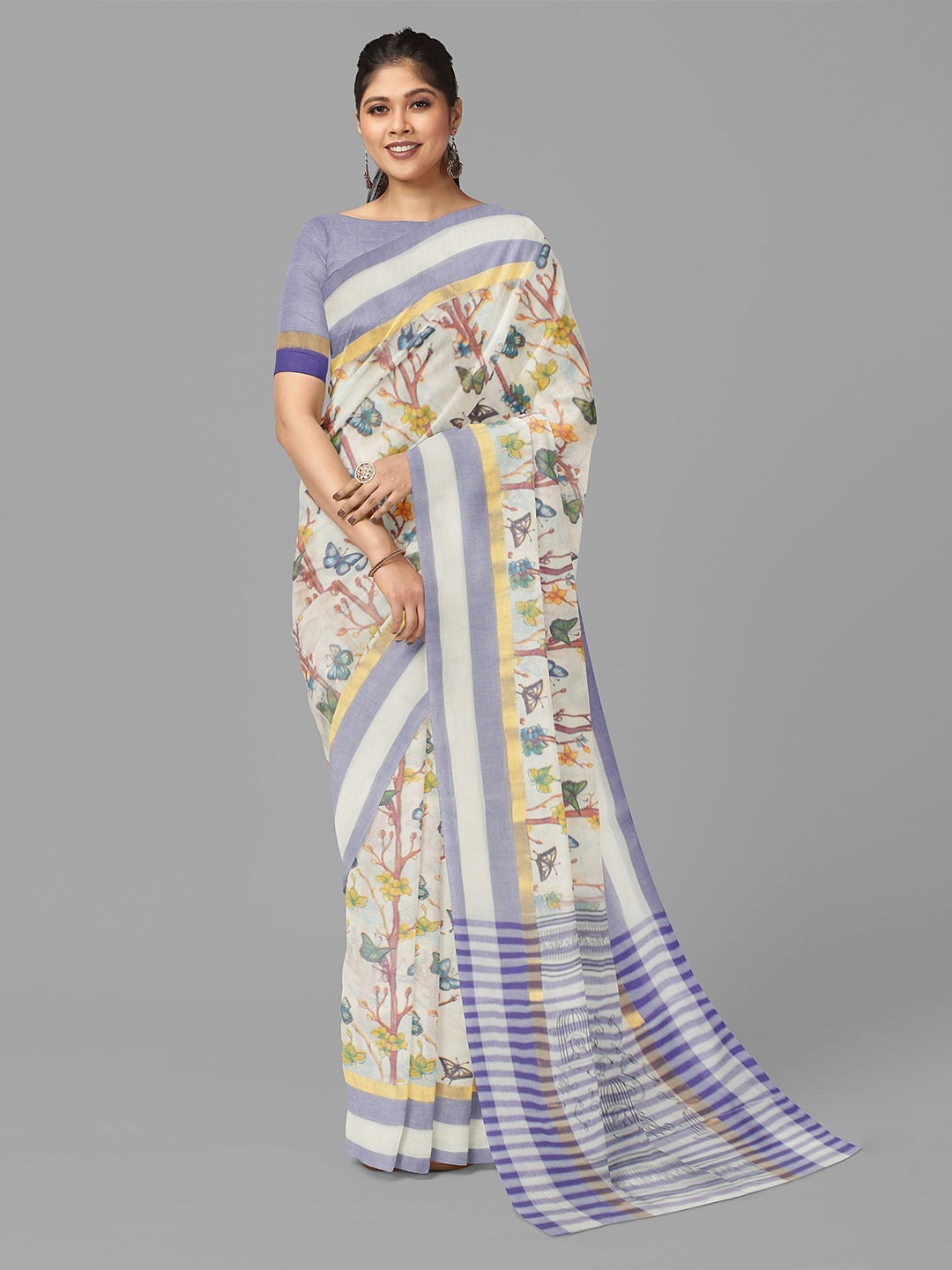 

The Chennai Silks Floral Pure Cotton Sungudi Saree, Cream