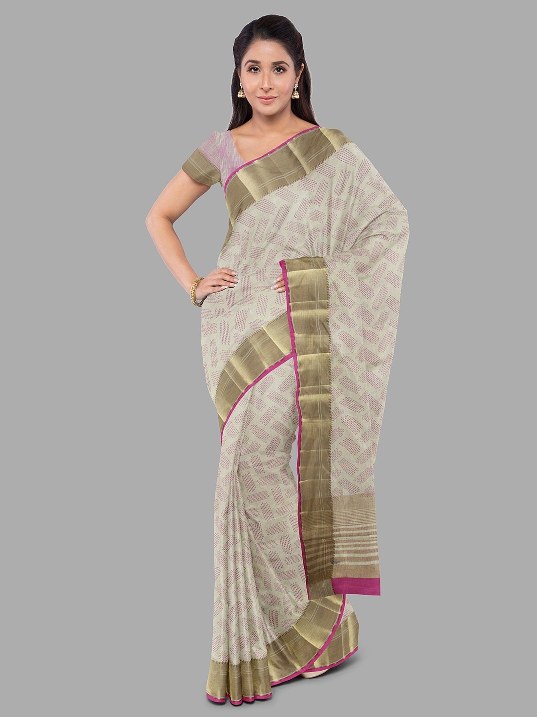 

The Chennai Silks Geometric Printed Zari Saree, Cream