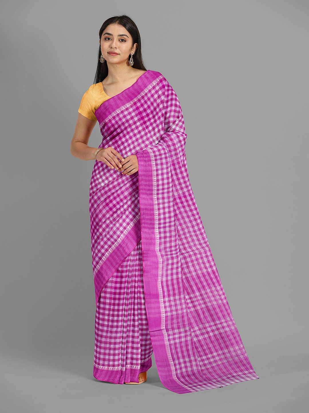 

The Chennai Silks Checked Pure Cotton Taant Saree, Purple