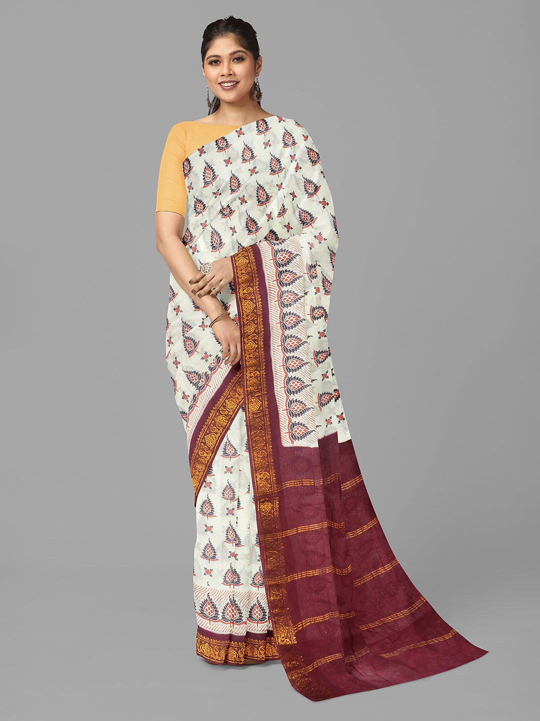

The Chennai Silks Ethnic Motifs Printed Pure Cotton Sungudi Saree, Off white